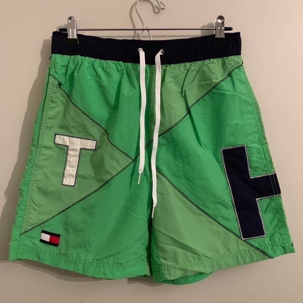 Vintage Tommy Hilfiger Green Patchwork Swim Trunks Medium